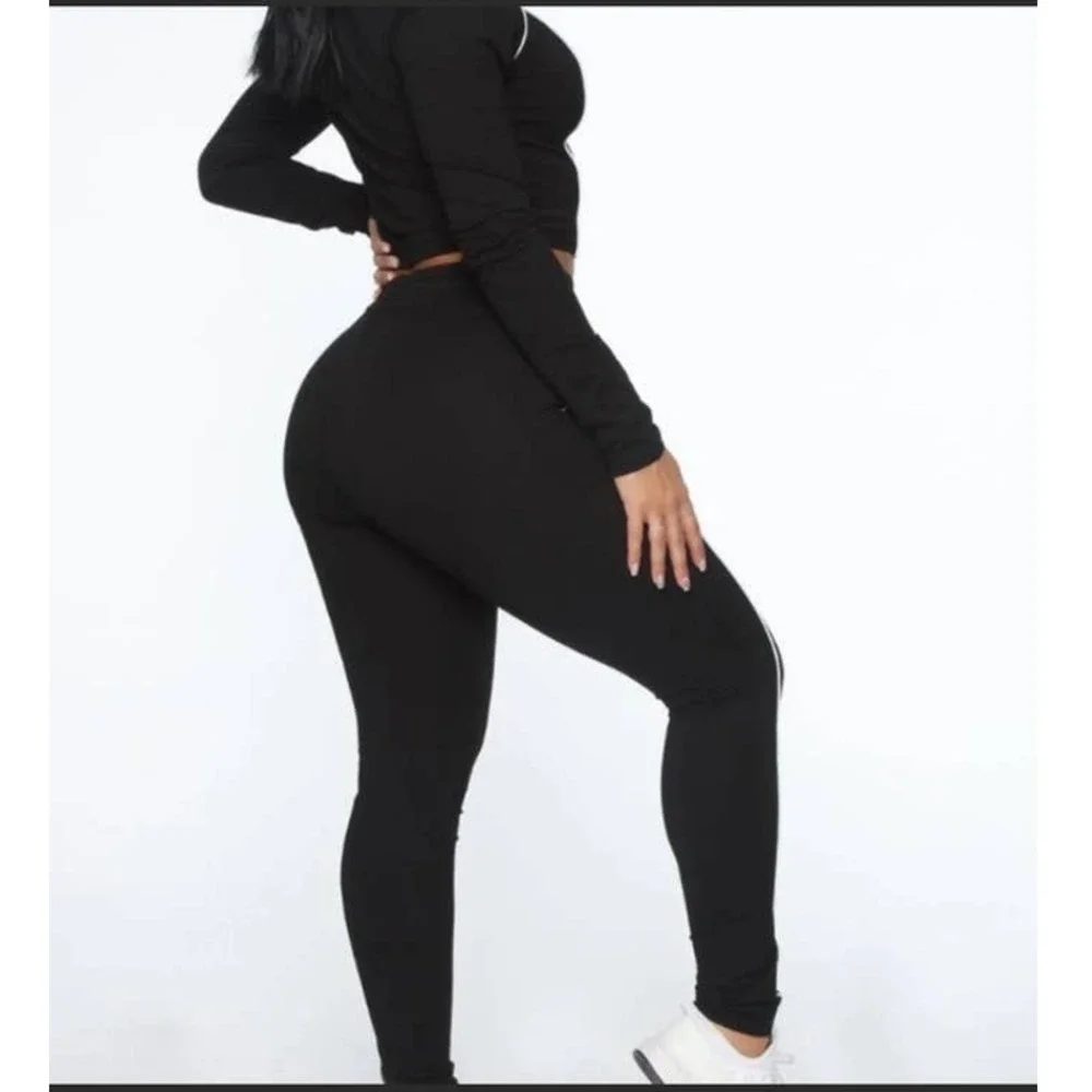 Fashion Nova Black Double White Striped Casual Active High Waisted Leggings - Picture 5 of 15